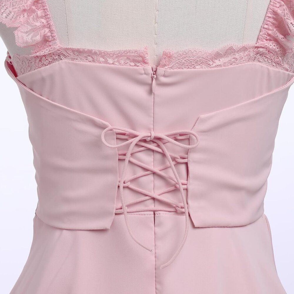 Women's Lace Mini Dress Flowy A-Line Square Neck Ruffle Summer Casual - Picture 3 of 6